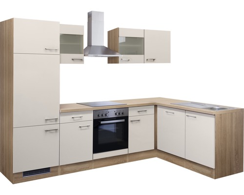 Cuisine équipée avec armoires suspendues, hotte aspirante et appareils électriques