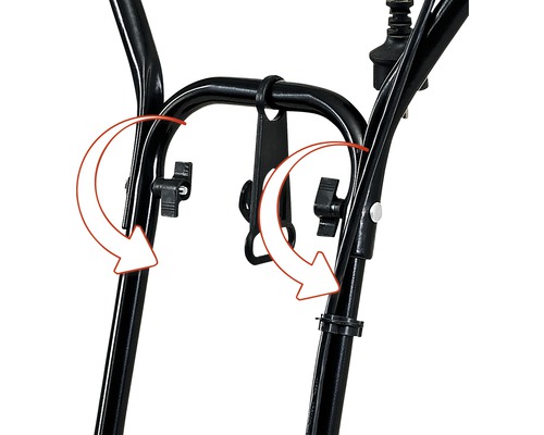 Vue détaillée d''un porte-vélos avec mécanisme de tension et flèches indiquant le sens de rotation