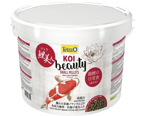 Tetra Koi Beauty Small Pellets dans un seau, un aliment quotidien pour les koïs.
