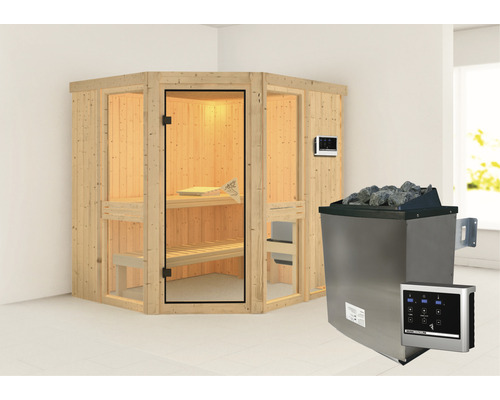 Elementsauna Karibu Omelia 1 inkl. 9 kW Ofen u.ext.Steuerung ohne Dachkranz mit bronzierter Ganzglastür