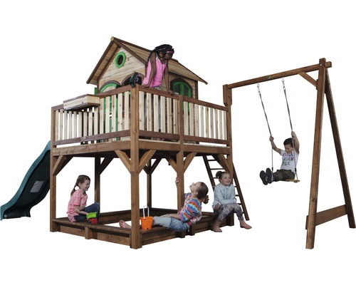 Aire de jeux avec toboggan, balançoire et bac à sable pour enfants