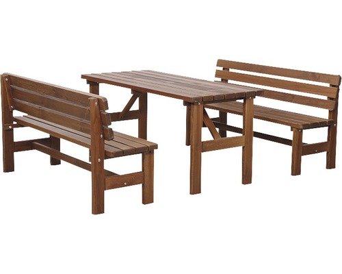 Gartentisch mit zwei Gartenbänken aus Holz