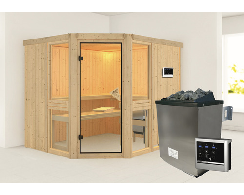 Sauna modulaire Karibu Omelia 3 avec poêle 9 kW et commande extérieure, sans frise de toit