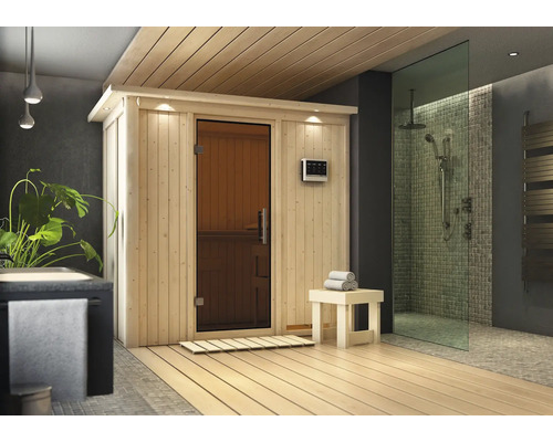 Sauna modulaire Karibu Mariado sans poêle ni couronne, avec porte entièrement vitrée coloris graphite