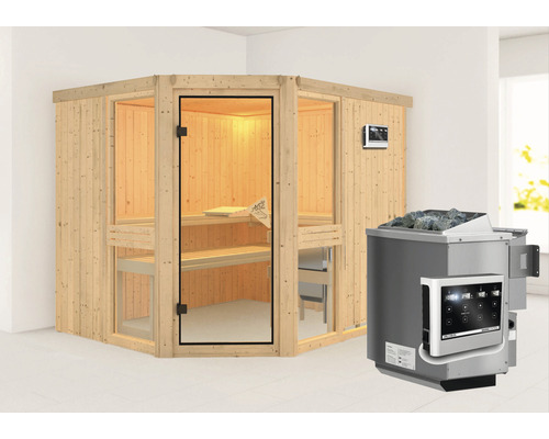 Sauna modulaire Karibu Omelia 3 avec poêle Bio 9 kW et commande extérieure, sans frise de toit