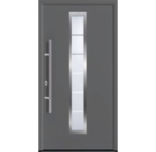 Graue Haustür mit Glaseinsatz und Edelstahlgriff