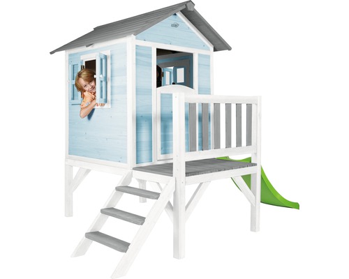 Maisonnette en bois avec toboggan, escalier et balcon pour enfants