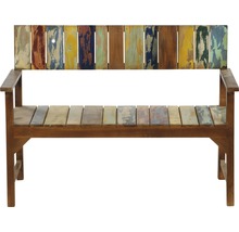 Holzbank mit Armlehnen und mehrfarbiger Sitzfläche und Rückenlehne