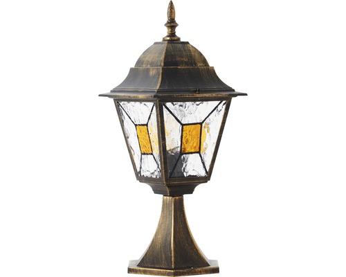 Aussenpodestleuchte IP44 1-flammig HxBxL 440x180x180 mm Janel schwarz gold Dekorative Gartenleuchte mit Strukturglas und Sockel
