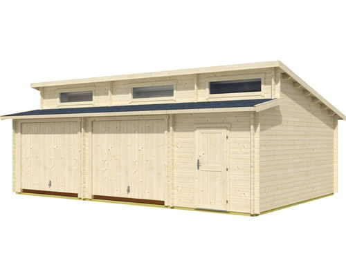 Holzgarage mit zwei Toren und einer Tür