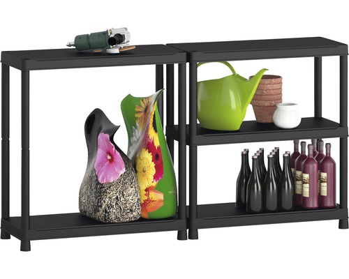 Schwarzes Kunststoffregal mit zwei Etagen, beladen mit verschiedenen Artikeln