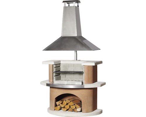 Barbecue cheminée Buschbeck Kampen 65 x 110 x 197 cm béton blanc terre cuite Cheminée barbecue avec compartiment à bois et cheminée en acier inoxydable