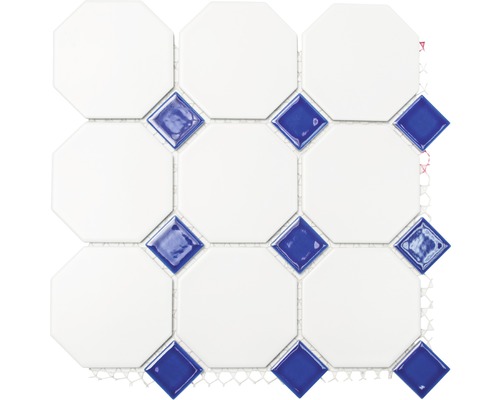 Mosaïque en céramique Octa blanc-bleu cobalt 30x30 cm Mosaïque avec éléments octogonaux et carrés