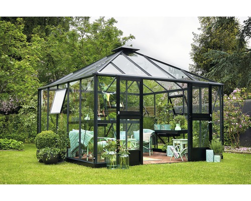 Serre Juliana Oasis en verre de sécurité 3 mm 368 x 368 cm anthracite noir Serre avec parois en verre et cadre métallique dans le jardin