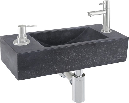 Lave-mains - Ensemble comprenant robinet de lave-mains SAPON pierre naturelle sans revêtement noir 42x18 cm