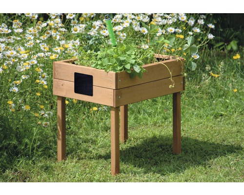 Jardinière surélevée en bois avec des plantes dans le jardin