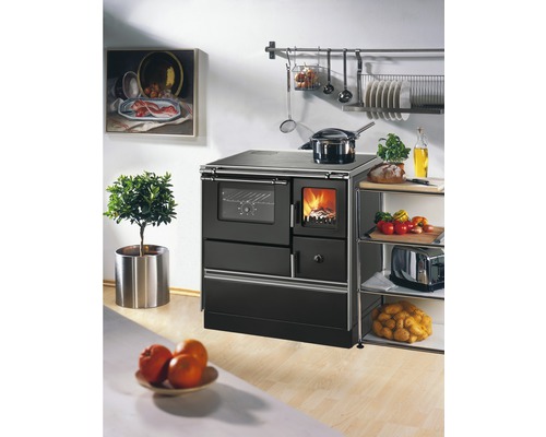 Küchenszene mit einem schwarzen Holzherd, einem Kochtopf, einem Regal und Dekorationselementen.