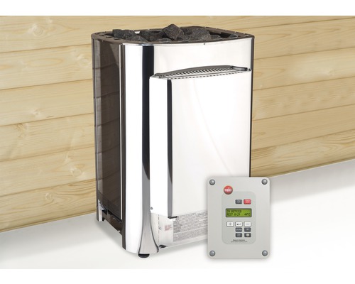 Poêle de sauna Weka OS set professionnel 11 kW avec commande combinée numérique Poêle de sauna avec pierres et unité de commande externe devant un mur en bois