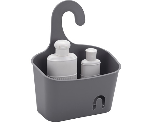 Panier de douche gris avec deux flacons de shampooing