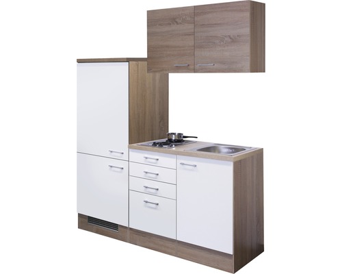 Cuisine de célibataire Samoa blanc/Sonoma chêne 160 cm plaque de cuisson incluse Cuisine compacte avec évier, plaque de cuisson, tiroirs et armoire suspendue