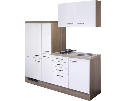 Bloc cuisine Valero blanc ultra brillant 190 cm plaque de cuisson incluse Cuisine compacte avec évier, cuisinière et armoires