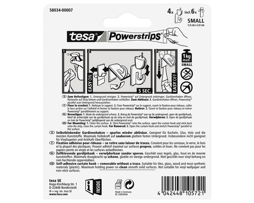 Tesa Powerstrips selbstklebende Gardinenhaken, inklusive sechs Stück, kleine Größe