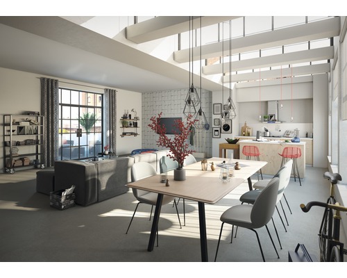 Espace de vie lumineux avec table à manger, chaises, canapé et cuisine ouverte