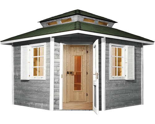 Saunahaus mit Holztür und Fenstern