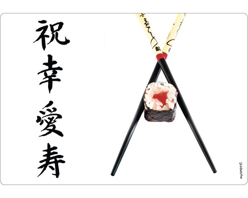 Paroi arrière de cuisine mySPOTTI Sushi 59x41 cm Maki sushi entre des baguettes avec des caractères japonais