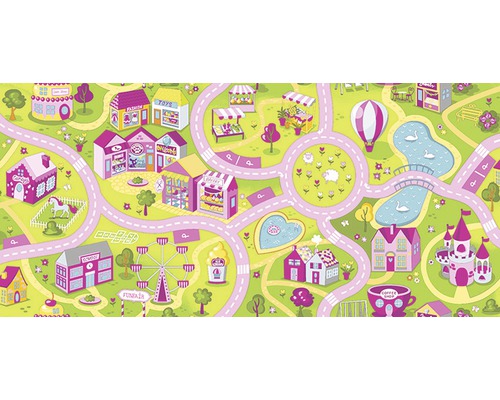 Spannteppich Schlinge Sweet Town pink FB26 400 cm breit (Meterware) Illustrierte Spielmatte mit Strassen, Geschäften, Vergnügungspark und Schloss