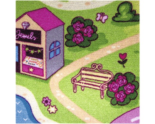 Spielteppich mit Motiv einer Schmuck Boutique, einer Bank und Blumen