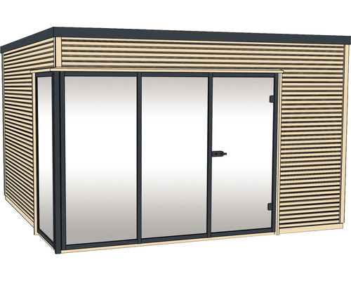 Gartenhaus mit Holzfassade und Glasschiebetüren