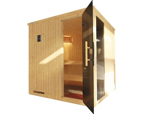 Sauna en bois avec porte en verre dans un intérieur avec des bancs