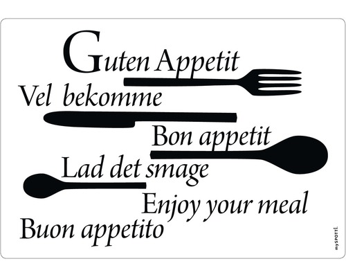 Küchenrückwand mySPOTTI pop Guten Appetit 59x41 cm Illustration mit dem Schriftzug Guten Appetit in verschiedenen Sprachen