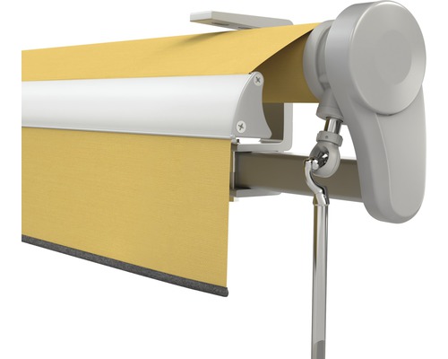 Vue détaillée d''un store banne jaune à bras articulés