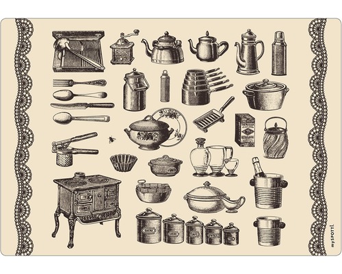 Paroi arrière de cuisine mySPOTTI Ancien vaisselle 59x41 cm Motif d''ustensiles de cuisine sur un set de table