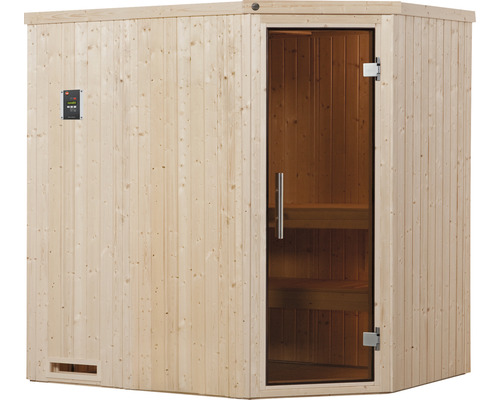 Sauna mit Glastür und Holzverkleidung