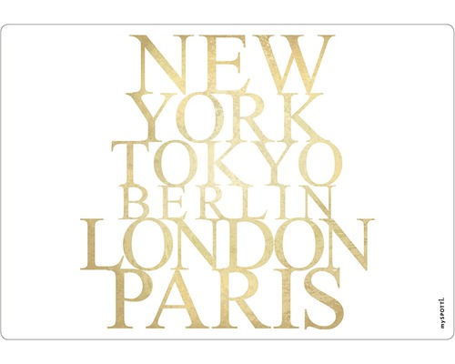 Paroi arrière de cuisine mySPOTTI Paris 59x41 cm Set de table myspotti avec les noms de villes New York, Tokyo, Berlin, Londres et Paris