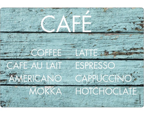 Paroi arrière de cuisine mySPOTTI Café 59x41 cm Motif café sur fond en bois avec différentes sortes de café