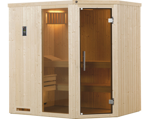 Sauna avec porte en verre et revêtement en bois pour l''intérieur
