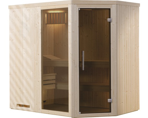 Ecksauna mit Glastür und Holzverkleidung