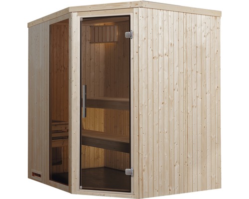 Ecksauna mit Glastür und Holzverkleidung
