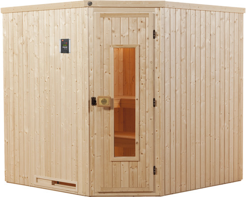 Sauna en bois avec porte en verre et élément de commande