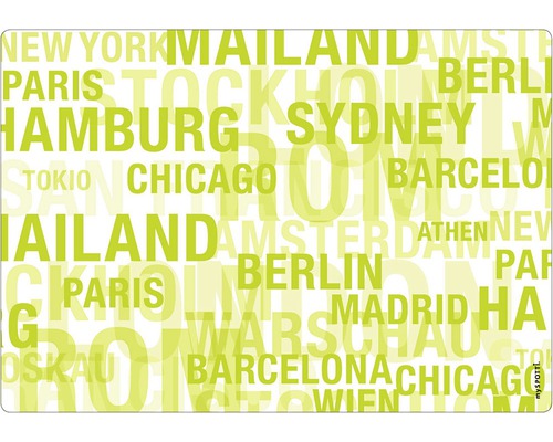 Paroi arrière de cuisine mySPOTTI Cities green 59x41 cm Panneau décoratif avec motif de noms de villes