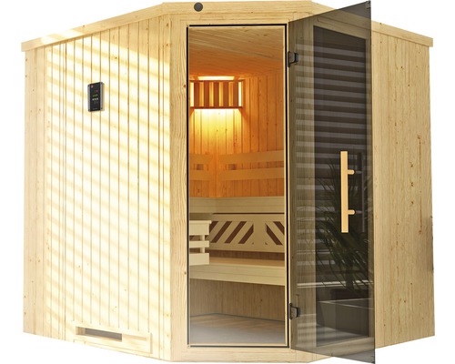 Holzsauna mit Glastür und Bedienfeld