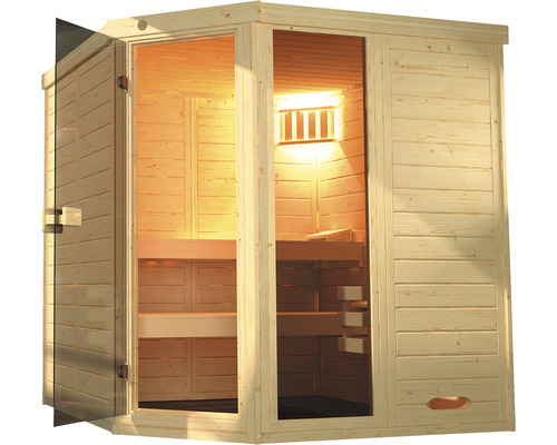 Sauna avec porte en verre et intérieur en bois