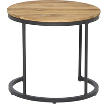 Table d''appoint ronde avec plateau en bois et cadre en métal.