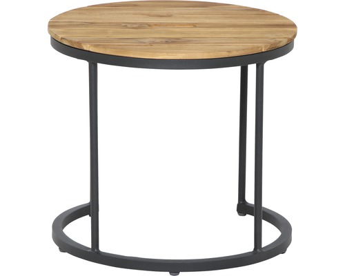 Table d''appoint ronde avec plateau en bois et cadre en métal.