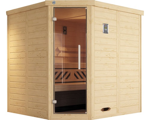 Finnische Sauna aus Holz mit Glastür und Steuerungselement