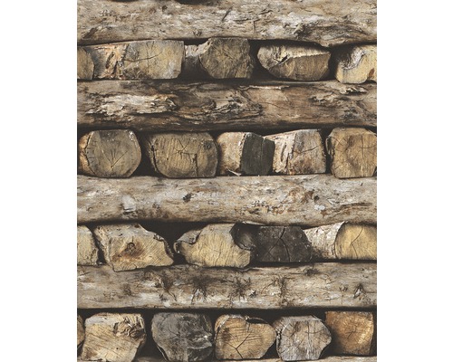 Papier peint intissé 931808 pile de bois marron Papier peint avec motif de pile de bois
